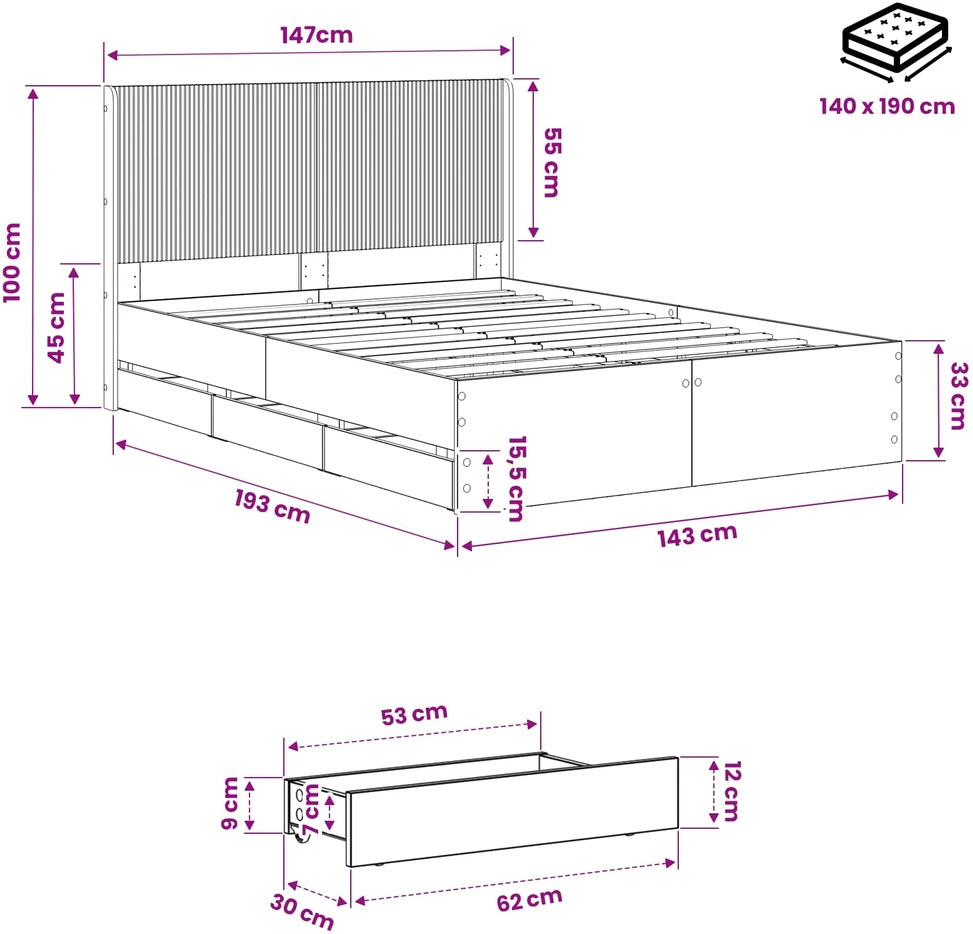 Lova Lovos rėmas su saugojimu ir nugara Artisan Oak 140 x 190 cm