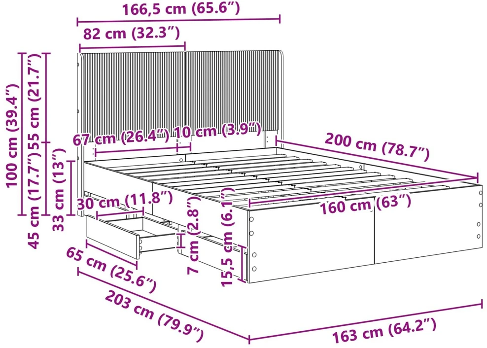 Lova Lovos rėmas su saugojimu ir nugara Betono pilka 160 x 200 cm