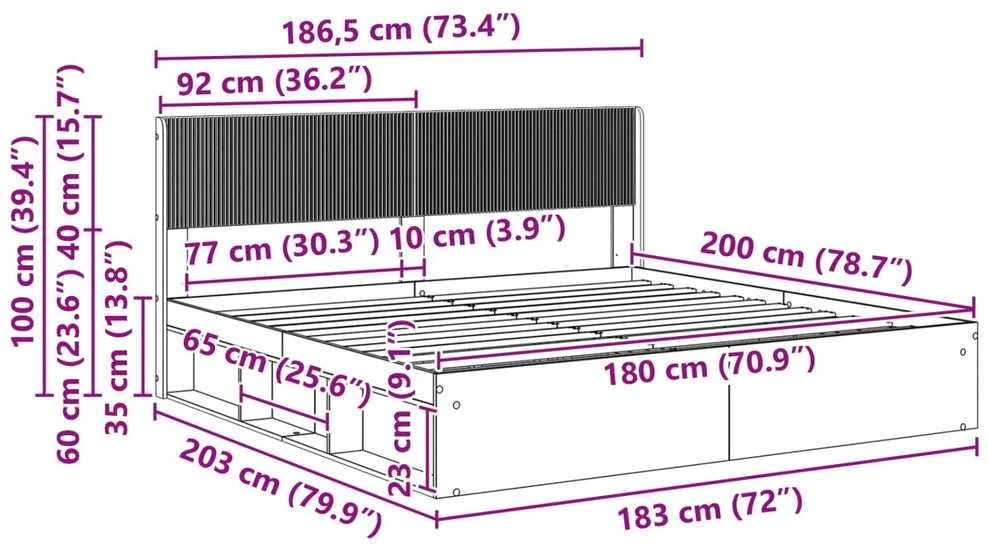 Lovos rėmas su saugojimu ir nugara Sonoma ąžuolas 180 x 200 cm