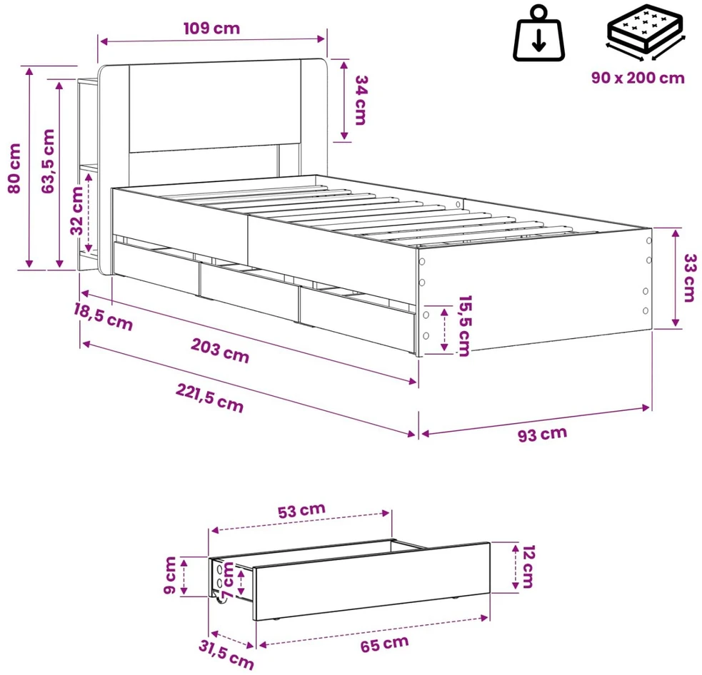 Lova Lovos rėmas su saugojimu ir nugara Artisano ąžuolo 90 x 200 cm