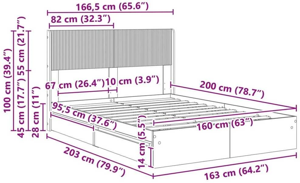 Lovos rėmas su saugojimu ir nugara Balta 160 x 200 cm