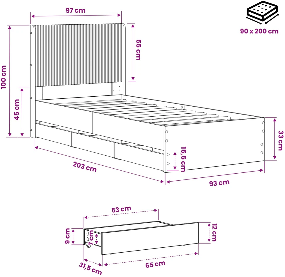 Lova Lovos rėmas su saugojimu ir nugara Artisan Oak 90 x 200 cm