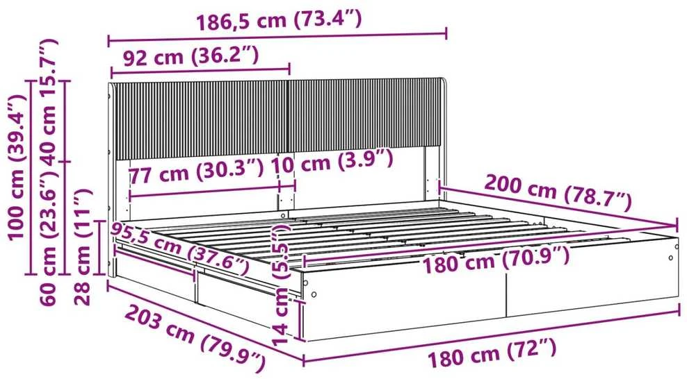Lovos rėmas su saugojimu ir nugara Sonoma ąžuolas 180 x 200 cm
