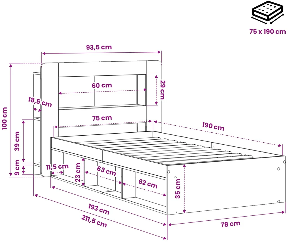 Lova Lovos rėmas su saugojimu Juoda 75 x 190 cm Apdirbta mediena