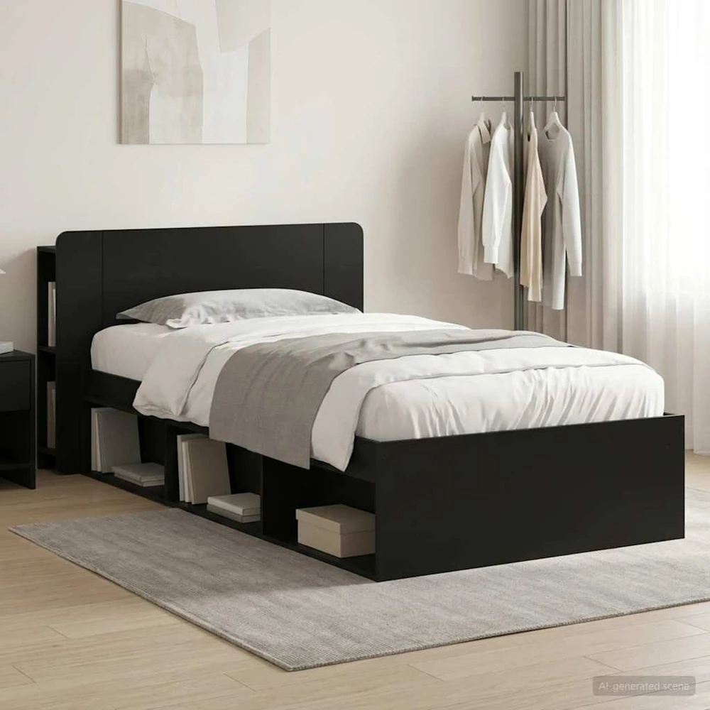 Lova Lovos rėmas su saugojimu Juoda 75 x 190 cm Apdirbta mediena