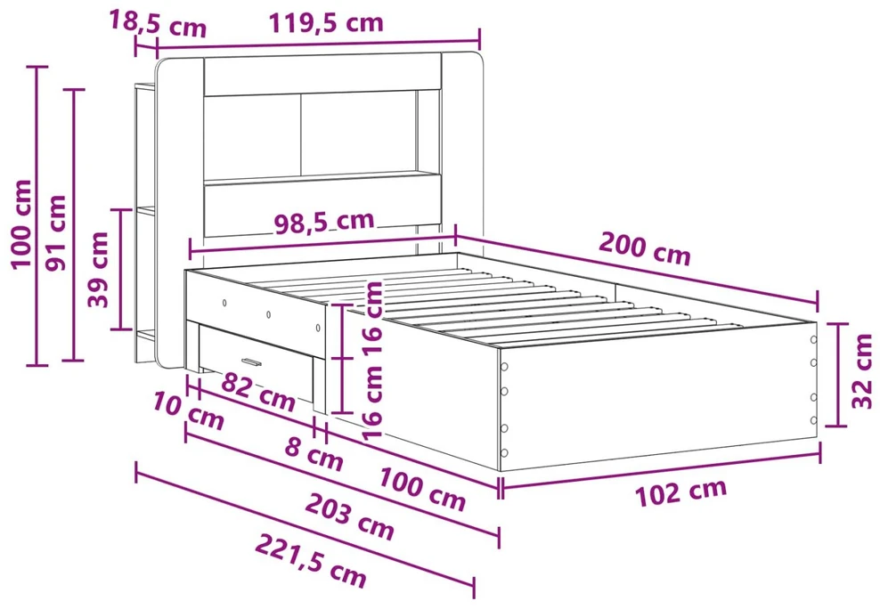 Lova Lovos rėmas su saugojimu Sendintos medienos 100 x 200 cm