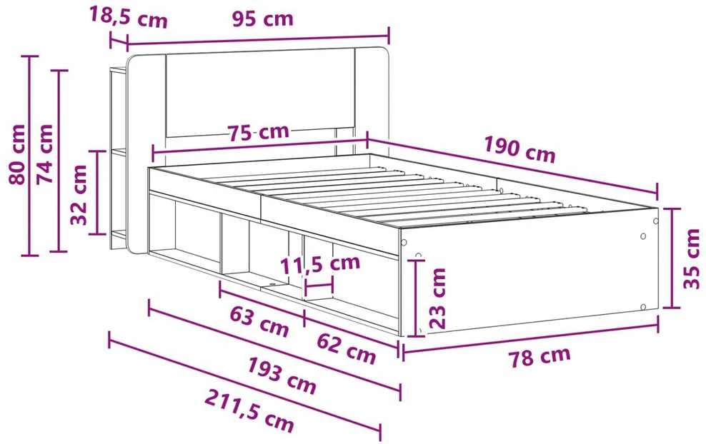 Lova Lovos rėmas su saugojimu Sendintos medienos 75 x 190 cm