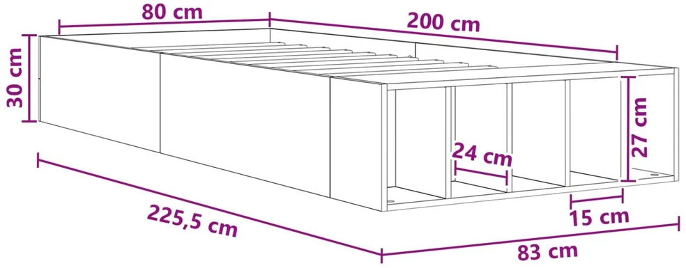 Lova Lovos rėmas su saugojimu su lentyna Dūminio ąžuolo 80 x 200 cm