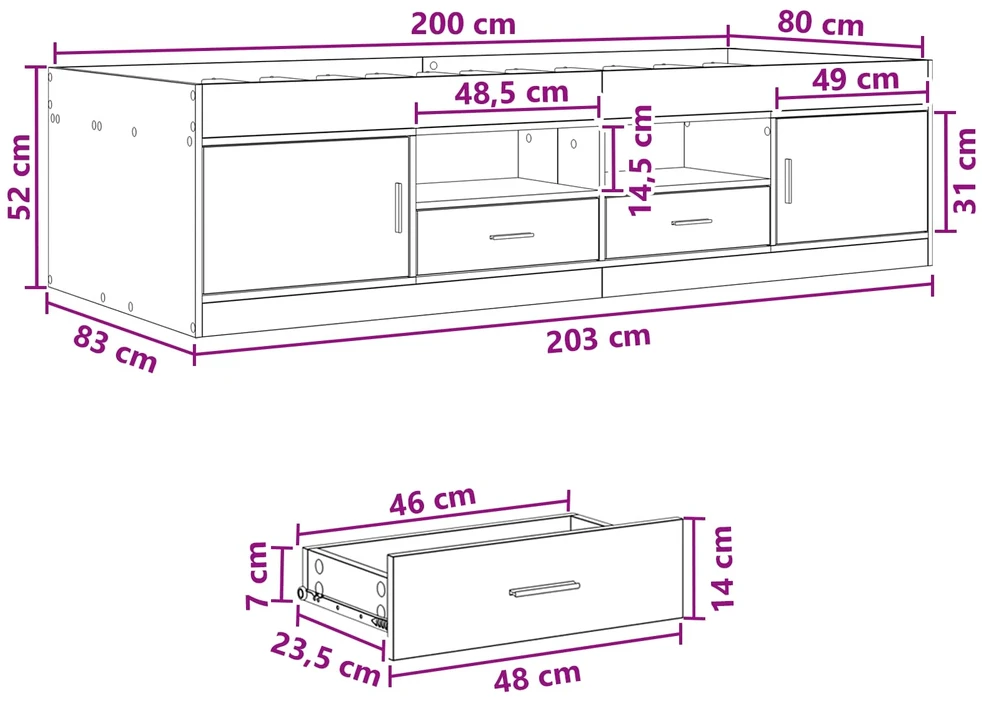 Lova Lovos rėmas su saugojimu su stalčių Dūminio ąžuolo 80 x 200 cm