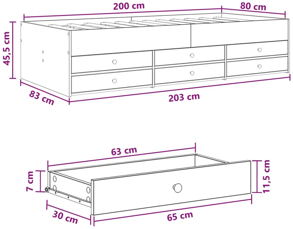 Lova Lovos rėmas su saugojimu su stalčių Dūminio ąžuolo 80 x 200 cm