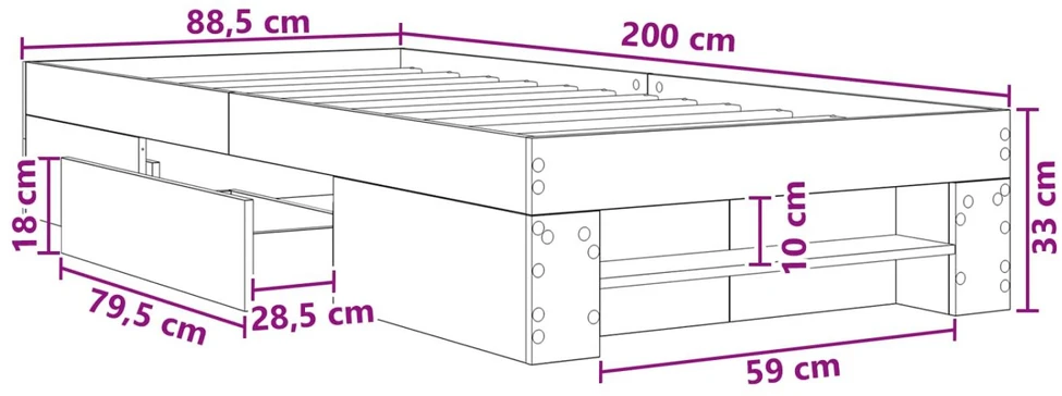 Lova Lovos rėmas su saugojimu su stalčių Dūminio ąžuolo 80 x 200 cm