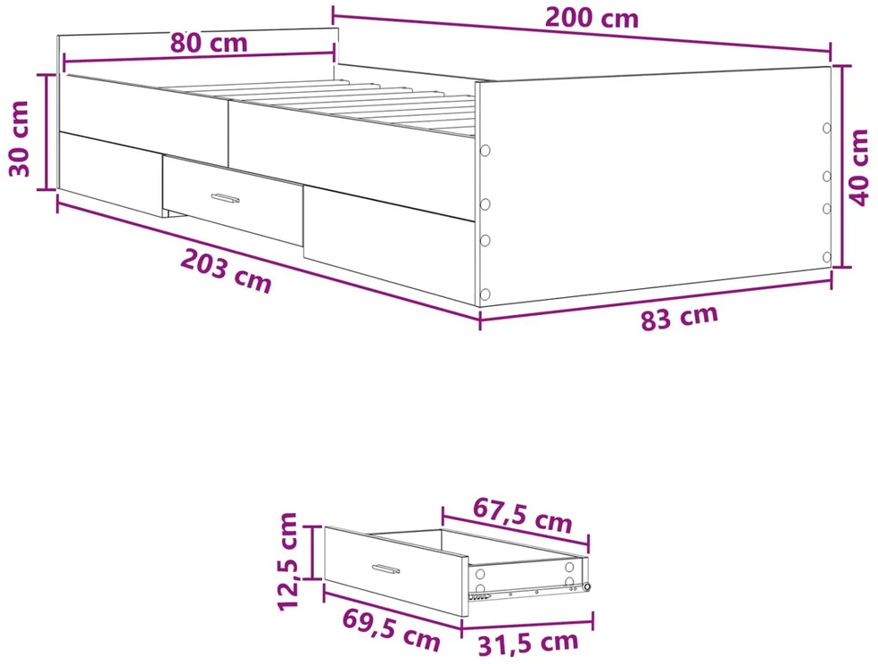Lova Lovos rėmas su saugojimu su stalčių Dūminio ąžuolo 80 x 200 cm