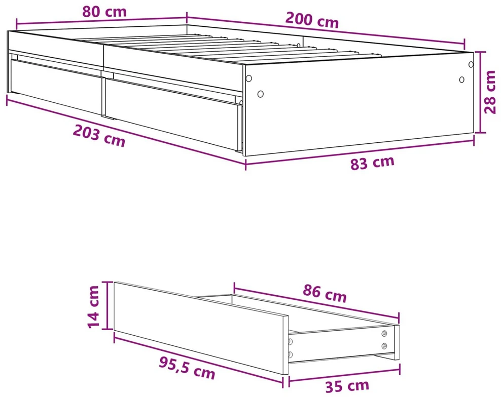 Lova Lovos rėmas su saugojimu su stalčių Dūminio ąžuolo 80 x 200 cm