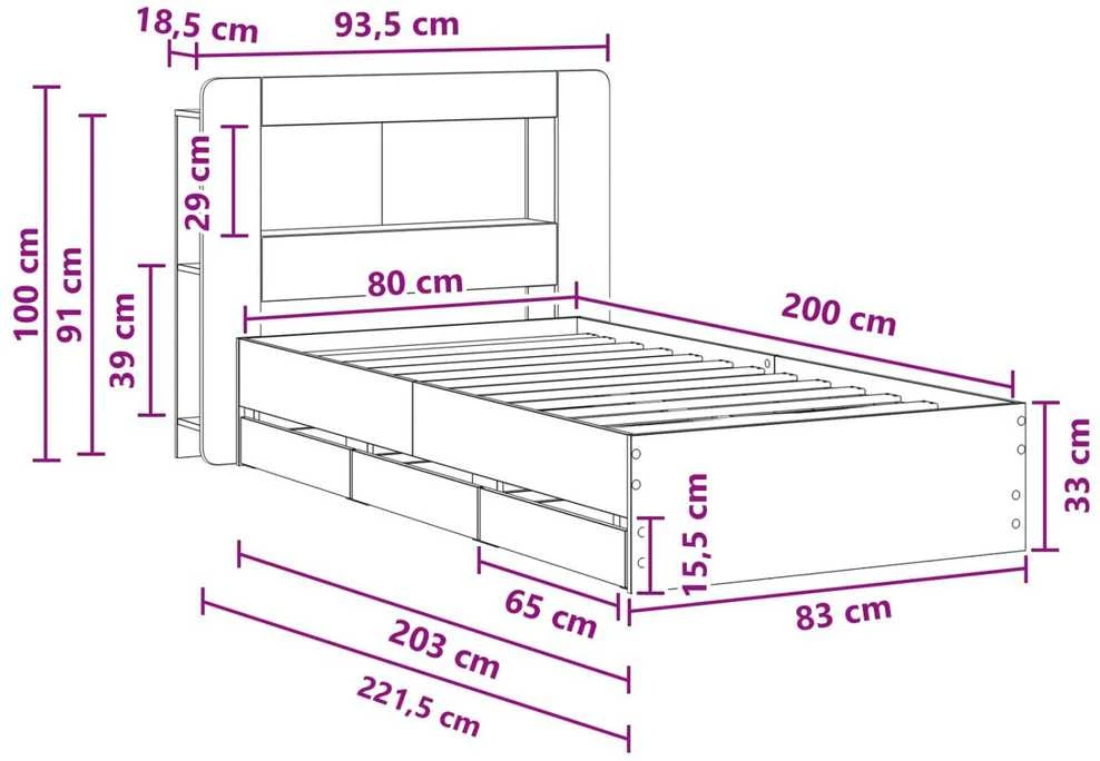 Lova Lovos rėmas su saugojimu ir nugara Betono pilka 80 x 200 cm