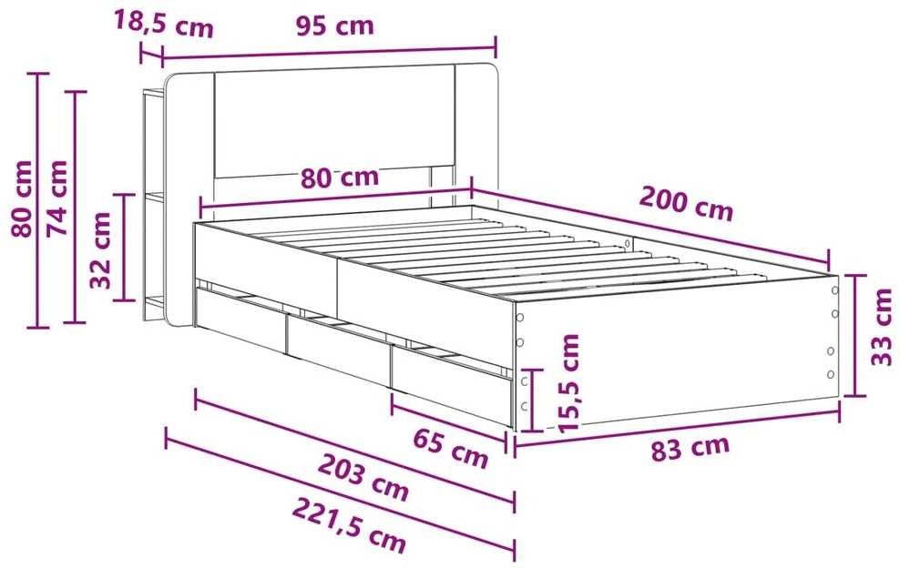 Lova Lovos rėmas su saugojimu ir nugara Pilka Sonoma 80 x 200 cm