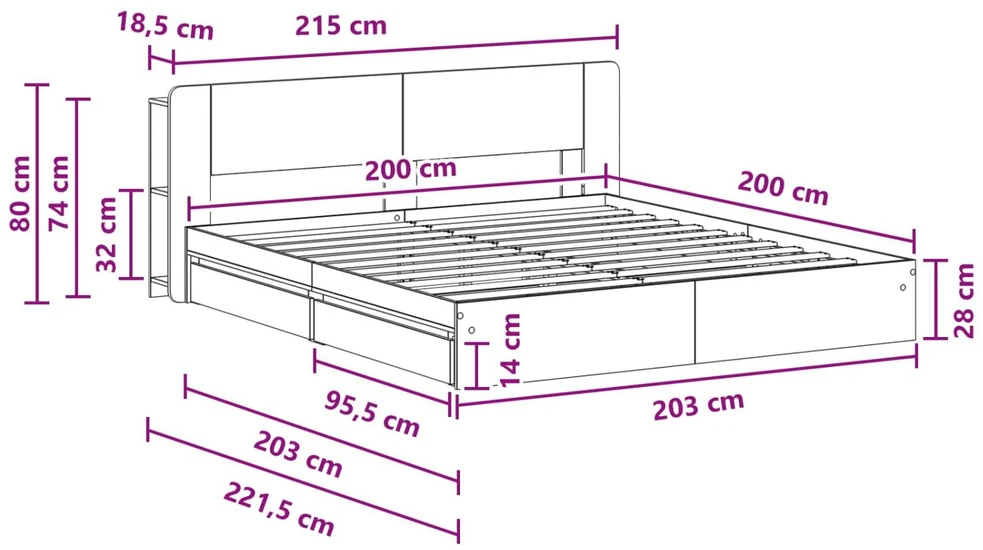 Lovos rėmas su saugojimu su stalčių Betono pilka 200 x 200 cm