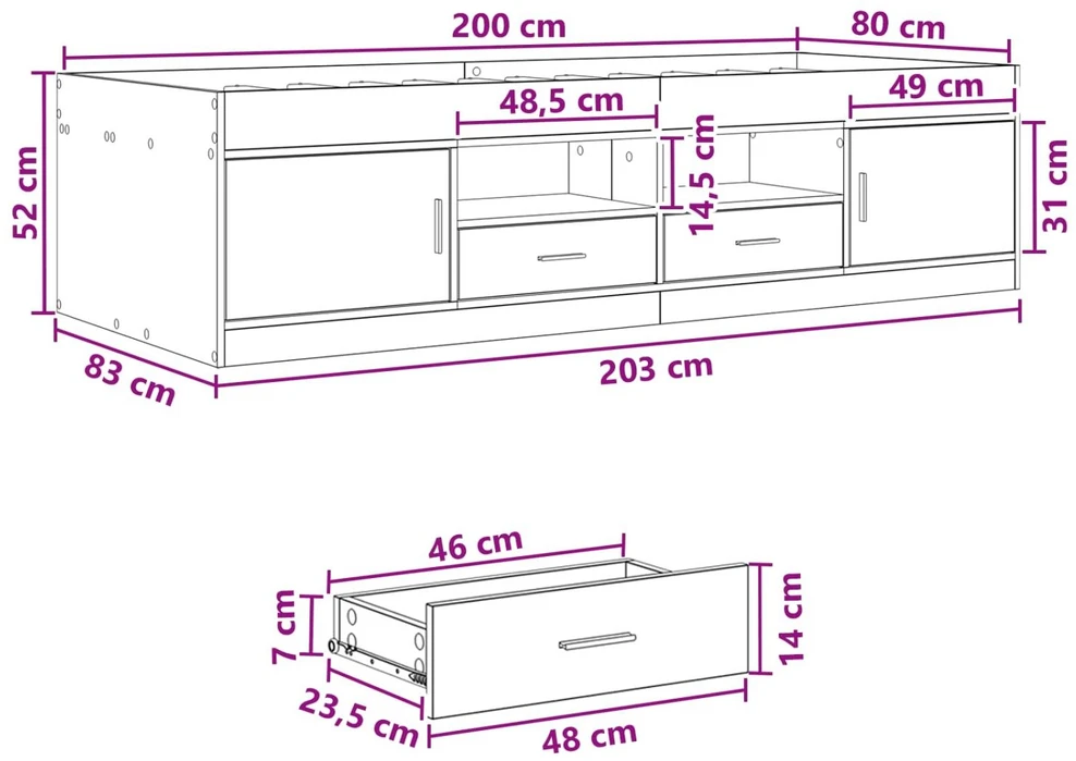 Lova Lovos rėmas su saugojimu su stalčių Dūminio ąžuolo 80 x 200 cm