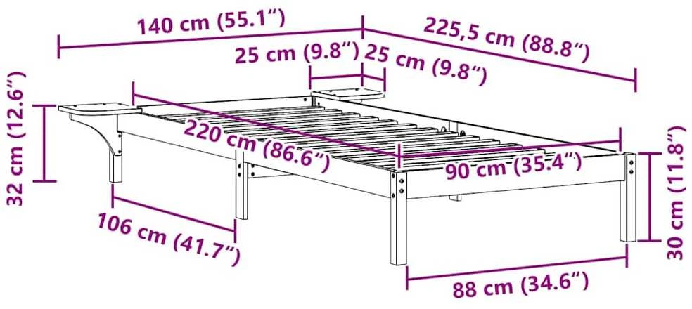 Lova Lovos rėmas su šoninėmis stalelėmis Balta 90 x 220 cm