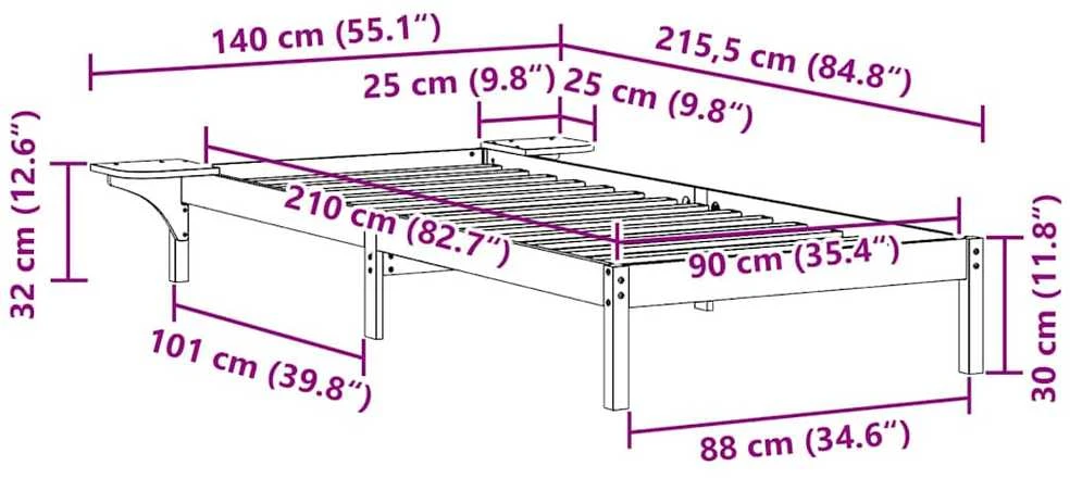 Lova Lovos rėmas su šoninėmis stalelėmis Balta 90 x 210 cm