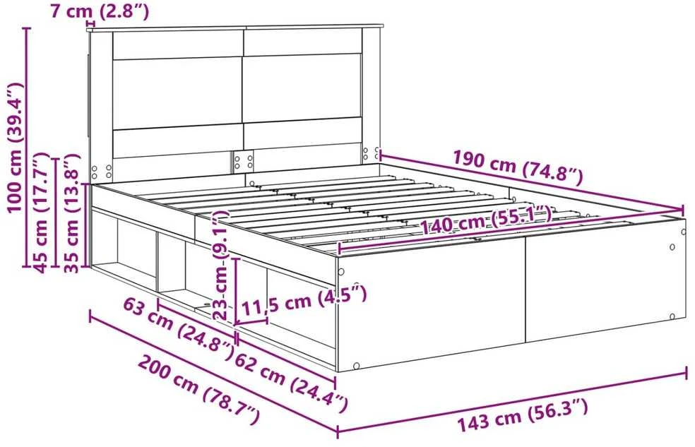 Lovos rėmas su stalčių Juoda 140 x 190 cm Kietos pušies mediena