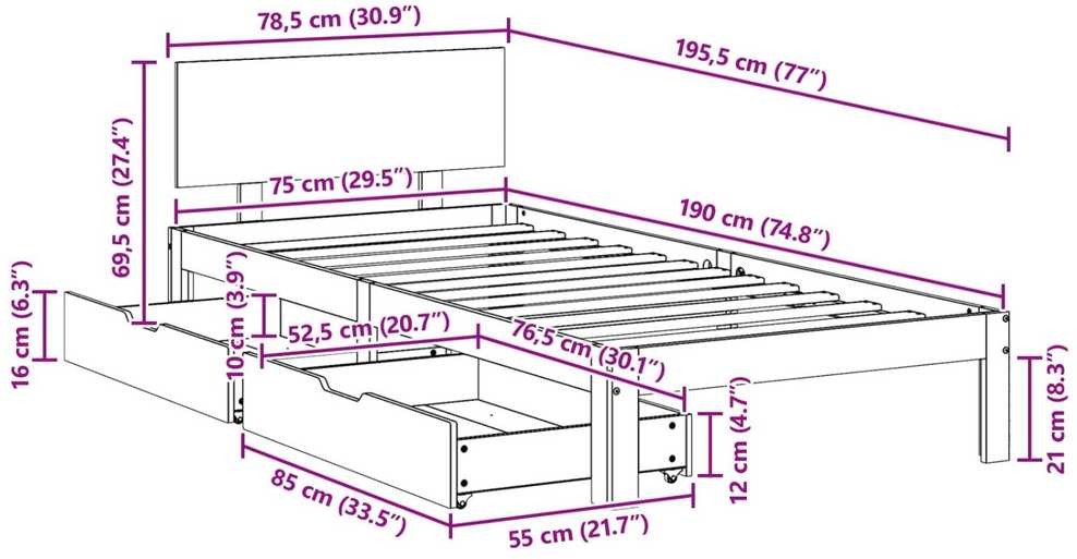 Lova Lovos rėmas Vaško ruda 70 x 190 cm Kietas pušies medis