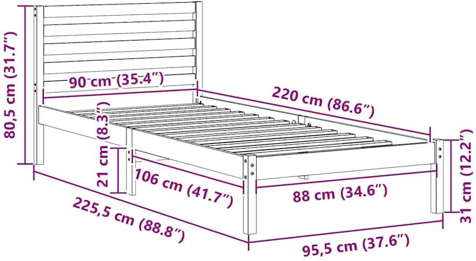 Lova Lovos rėmas Vaško ruda 90 x 220 cm Kietos pušies mediena