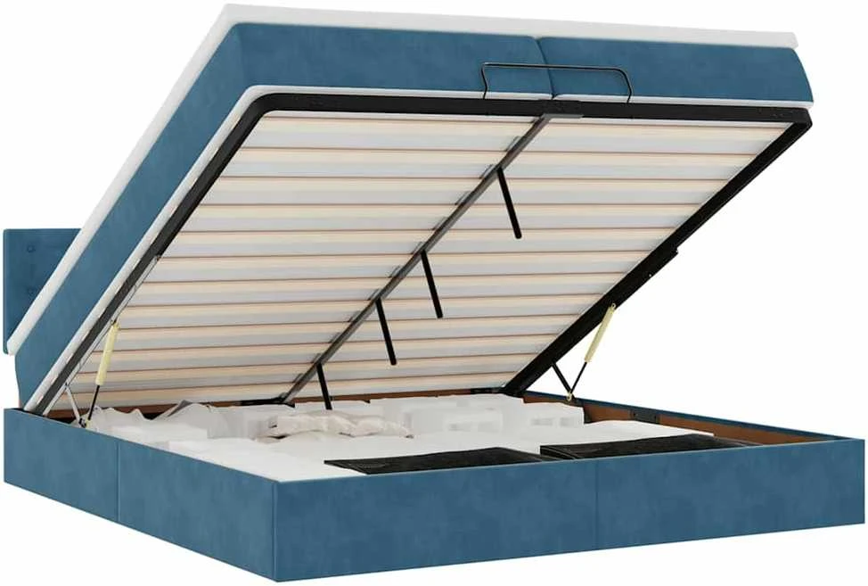 Osmanų lovos rėmas su čiužiniais, mėlynas, 200x200cm, aksomas
