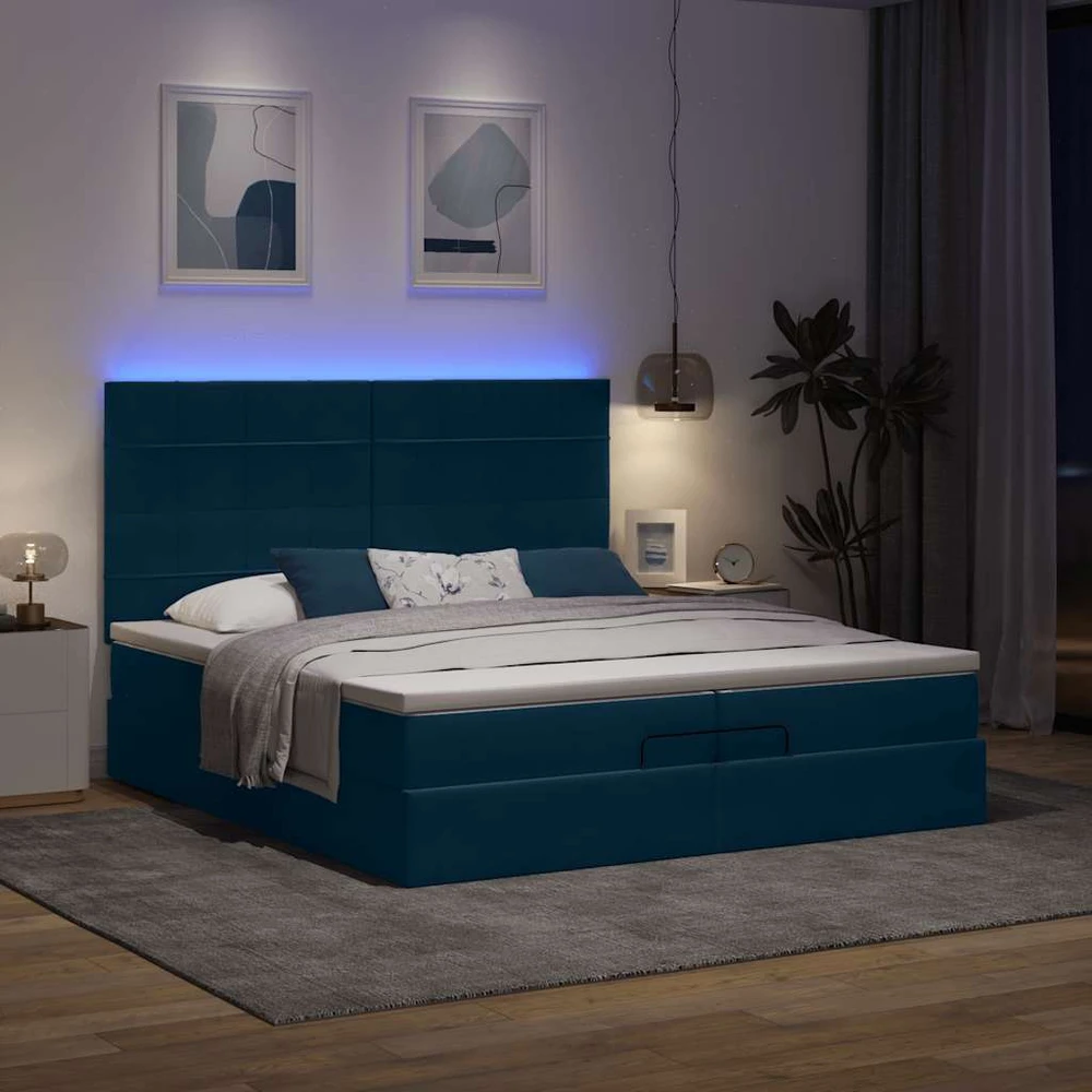 Pufas su čiužiniais ir LED lemputėmis, tamsiai mėlynas, 200x200 cm, aksomas