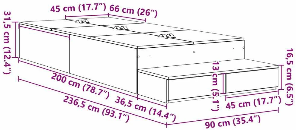 Lova su daiktų laikymo vieta su stalčių Juodas ąžuolas 90 cm