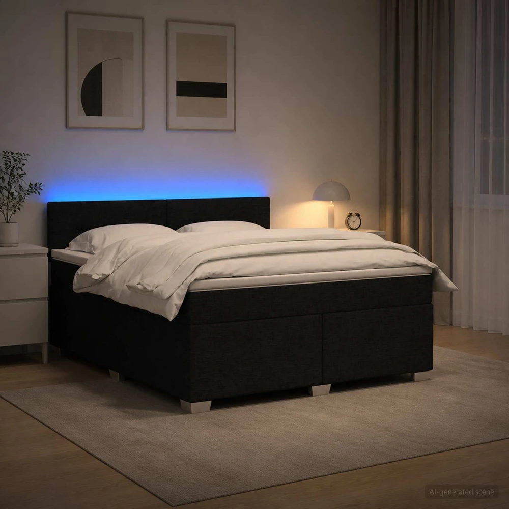 Lova su čiužiniu ir LED apšvietimu Juoda 160 x 200 cm Audinys