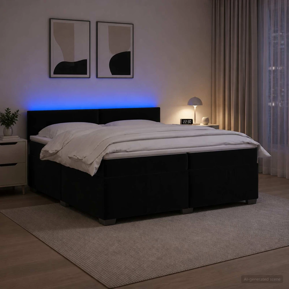 Lova su čiužiniu ir LED apšvietimu Juoda 200 x 200 cm Aksomas