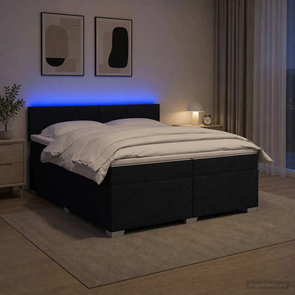 Lova su čiužiniu ir LED apšvietimu Juoda 200 x 200 cm Audinys