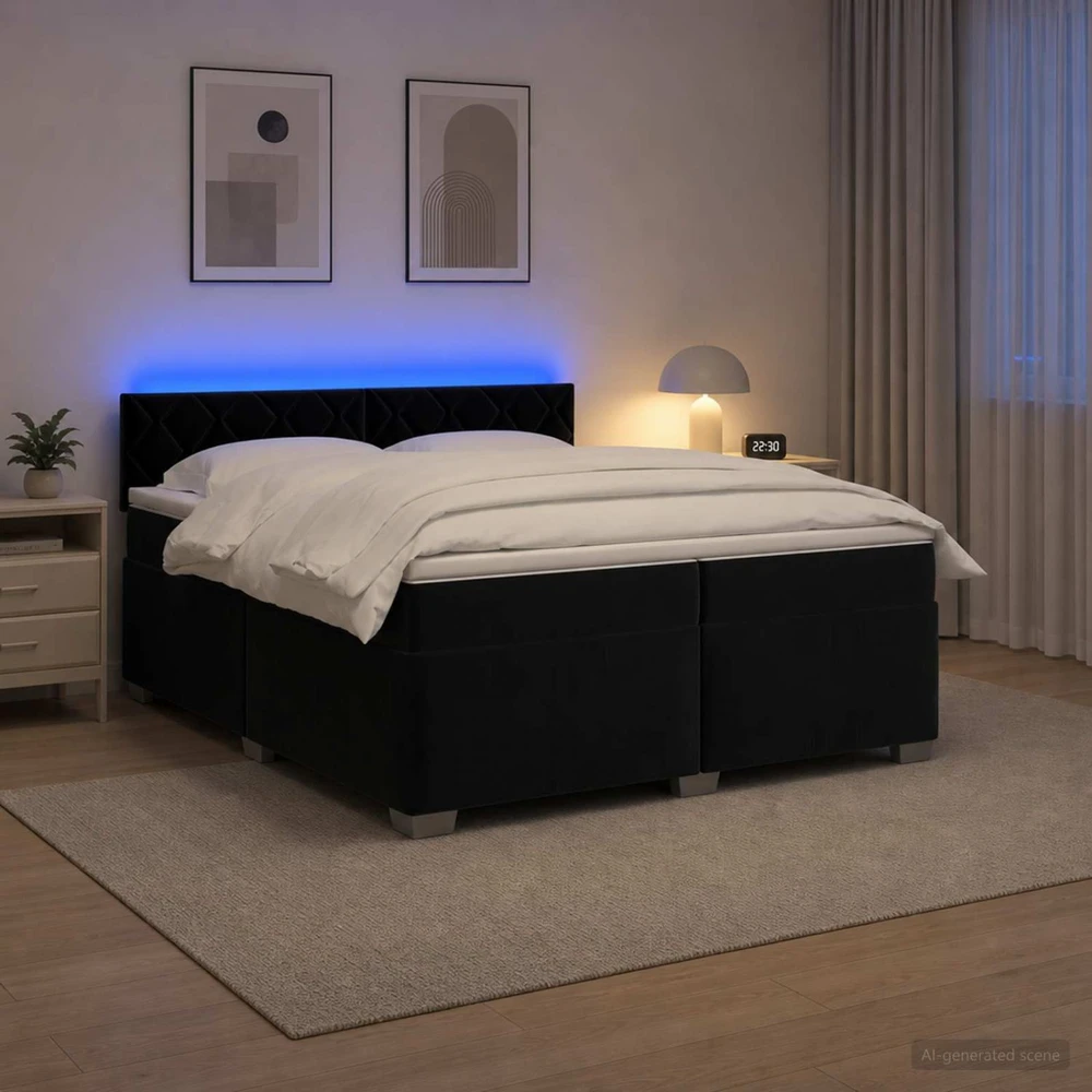 Lova su čiužiniu ir LED apšvietimu Juoda 200 x 200 cm Aksomas