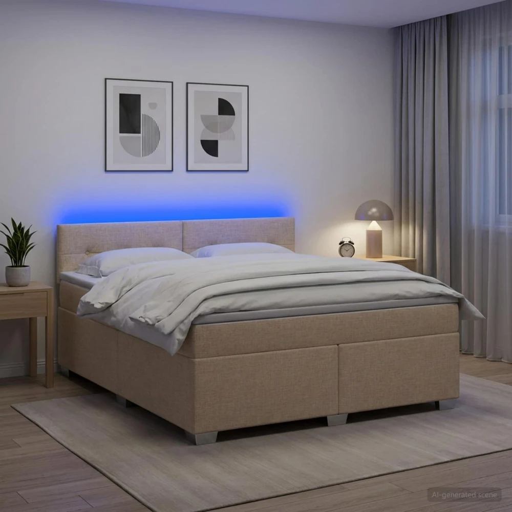 Lova su čiužiniu ir LED apšvietimu Kreminė 160 x 200 cm Audinys