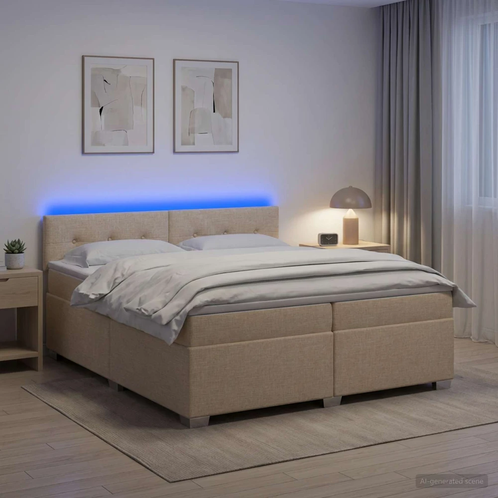 Lova su čiužiniu ir LED apšvietimu Kreminė 200 x 200 cm Audinys