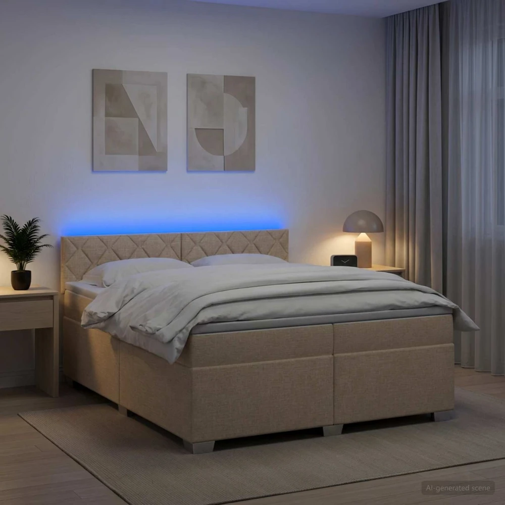 Lova su čiužiniu ir LED apšvietimu Kreminė 200 x 200 cm Audinys