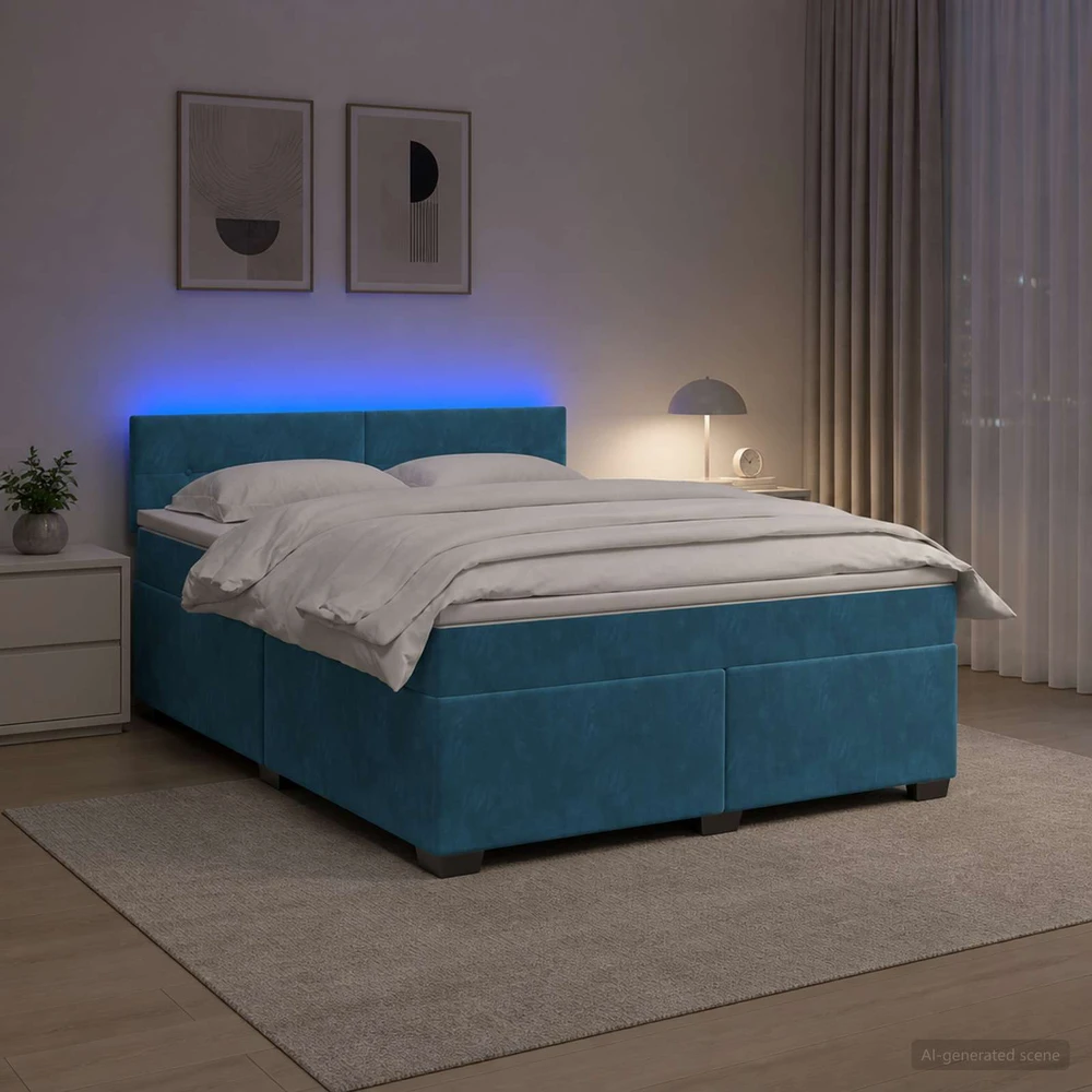 Lova su čiužiniu ir LED apšvietimu Mėlyna 160 x 200 cm Aksomas