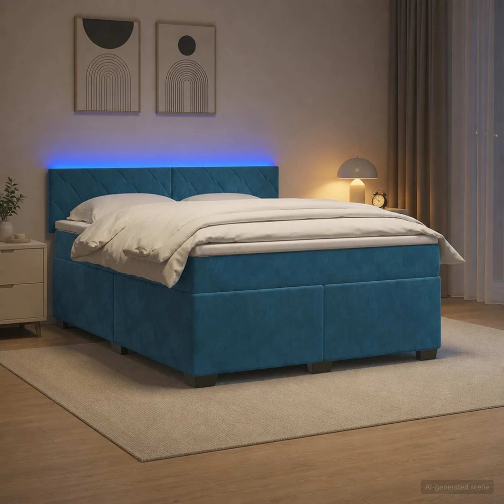 Lova su čiužiniu ir LED apšvietimu Mėlyna 140 x 200 cm Aksomas
