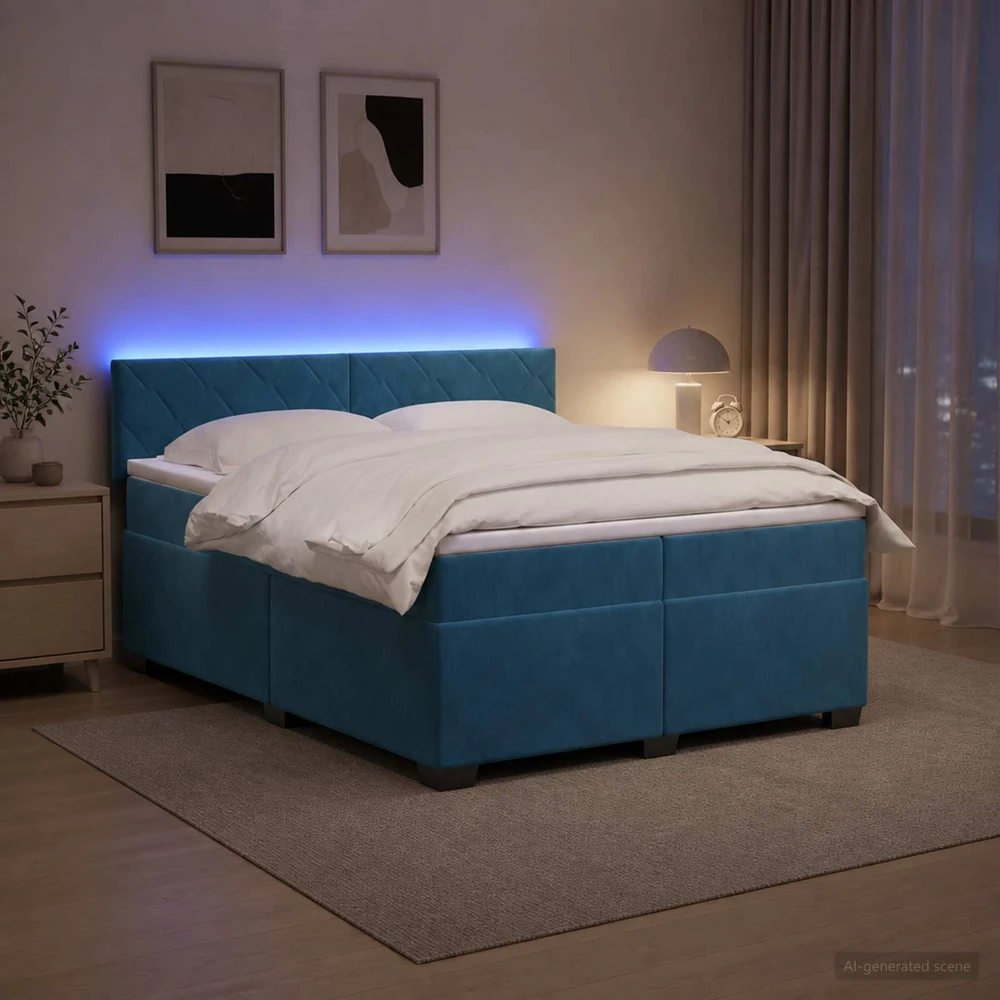 Lova su čiužiniu ir LED apšvietimu Mėlyna 200 x 200 cm Aksomas