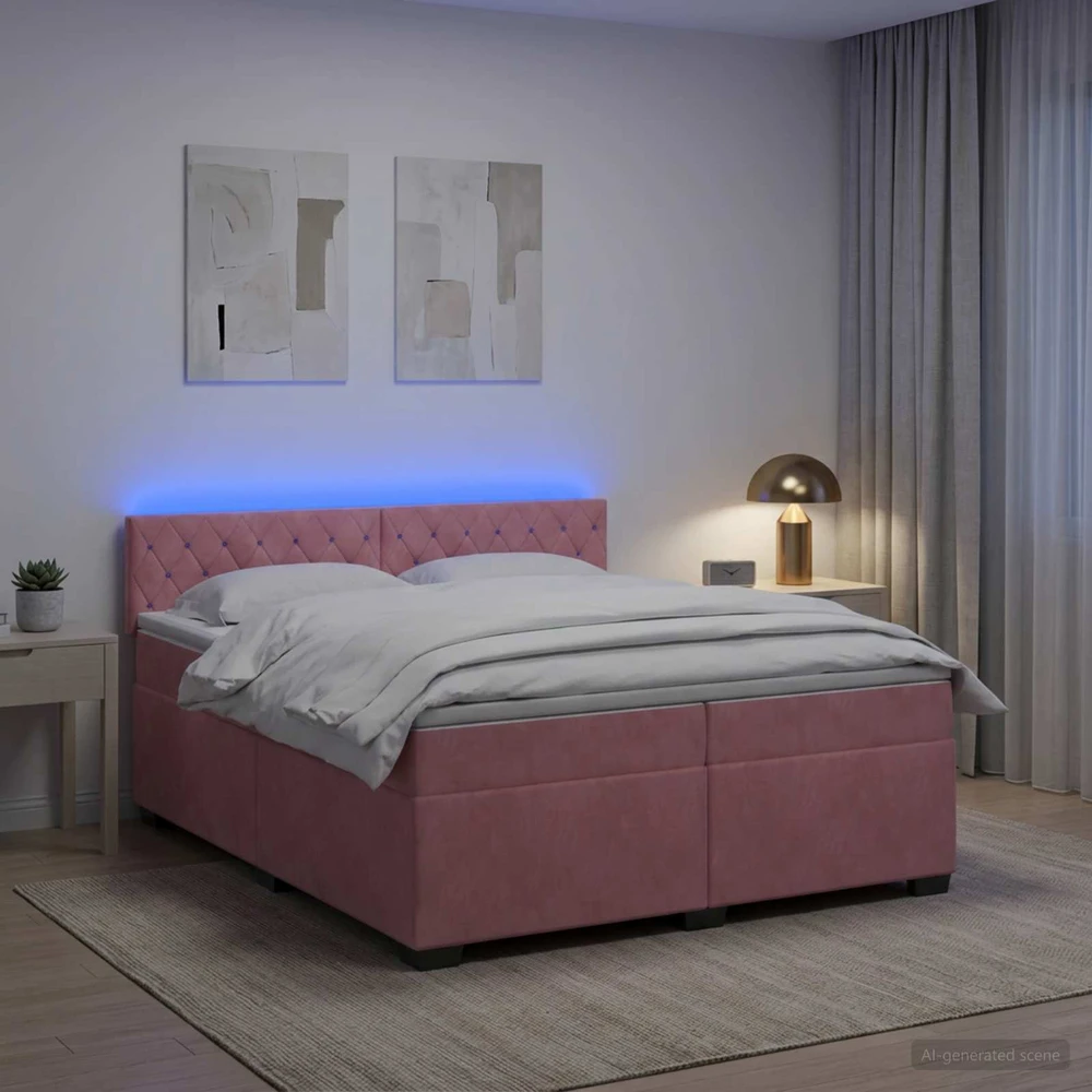 Lova su čiužiniu ir LED apšvietimu Rožinė 200 x 200 cm Aksomas