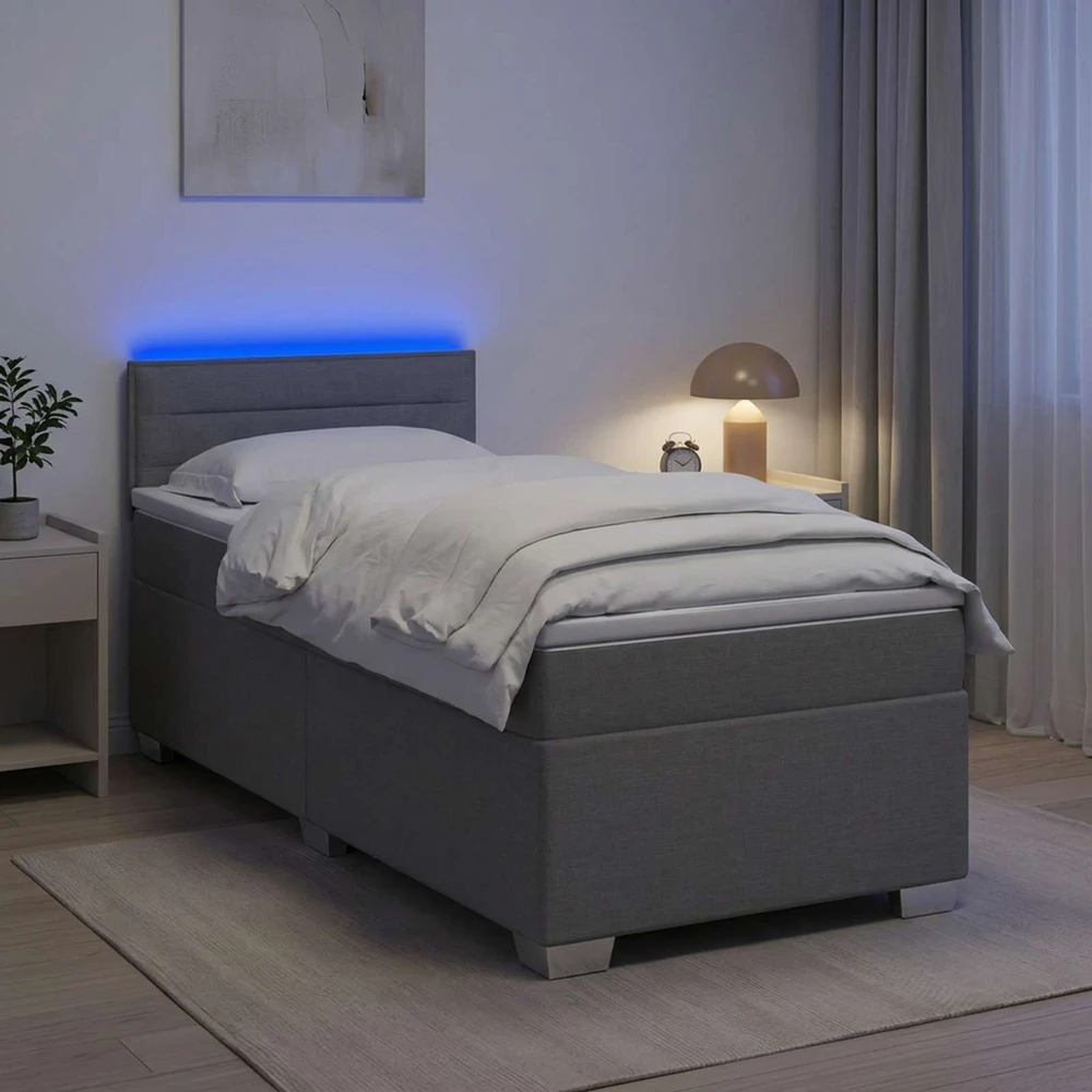 Lova su čiužiniu ir LED apšvietimu Šviesiai pilka Viengulis