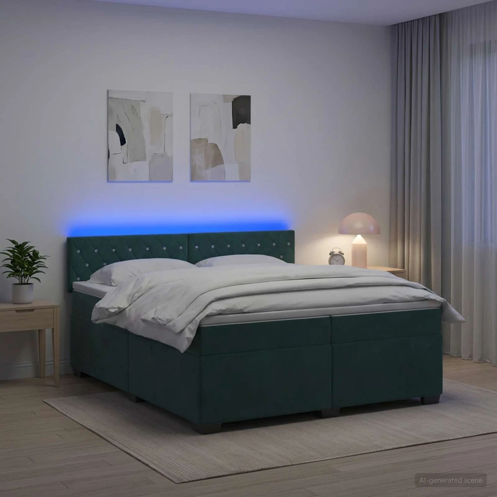 Lova su čiužiniu ir LED apšvietimu Tamsiai žalia 200 x 200 cm