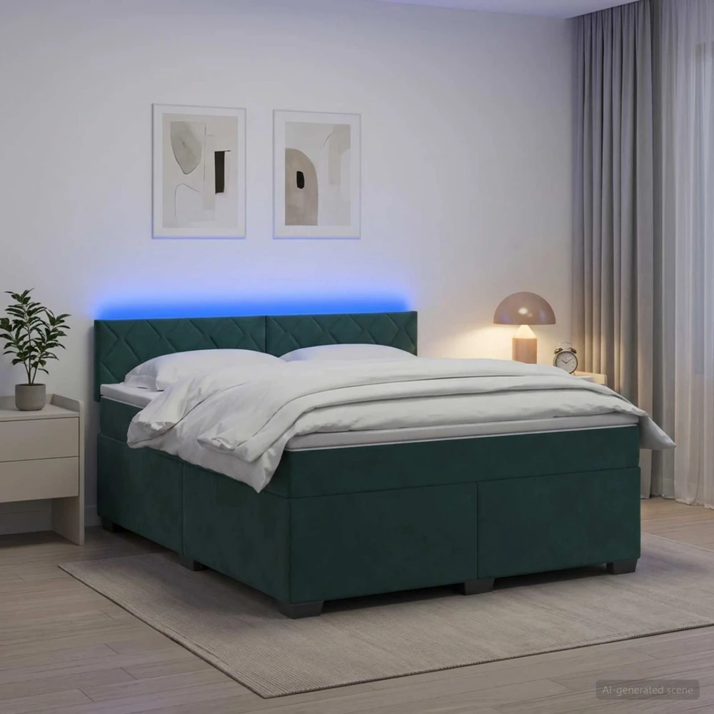 Lova su čiužiniu ir LED apšvietimu Tamsiai žalia 140 x 200 cm