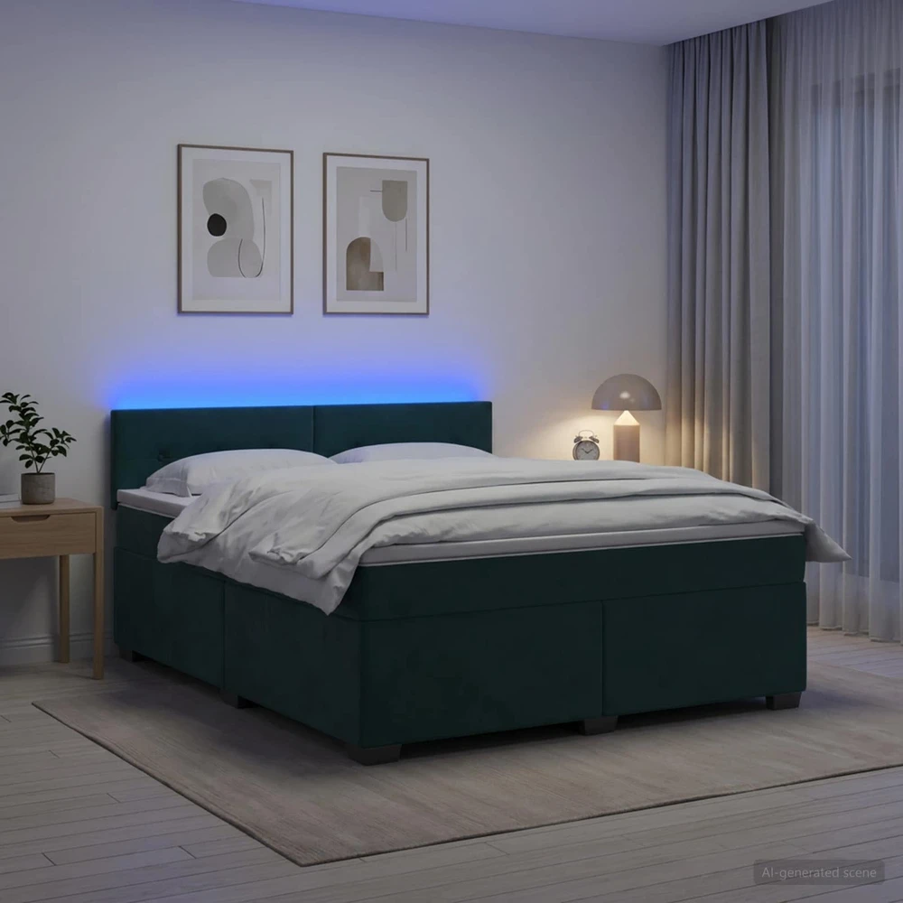 Lova su čiužiniu ir LED apšvietimu Tamsiai žalia 140 x 200 cm