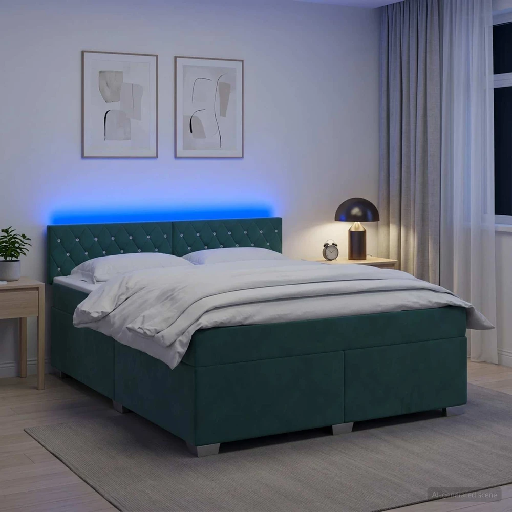 Lova su čiužiniu ir LED apšvietimu Tamsiai žalia 140 x 190 cm