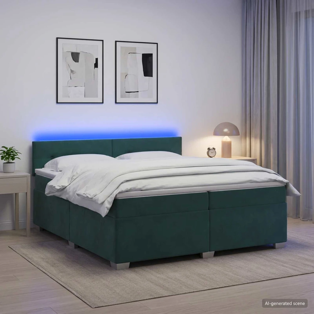 Lova su čiužiniu ir LED apšvietimu Tamsiai žalia 200 x 200 cm