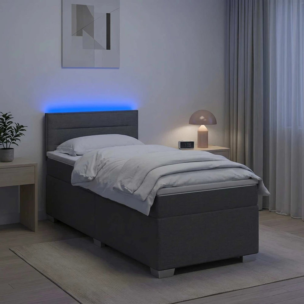 Lova su čiužiniu ir LED apšvietimu Tamsiai pilka Viengulis