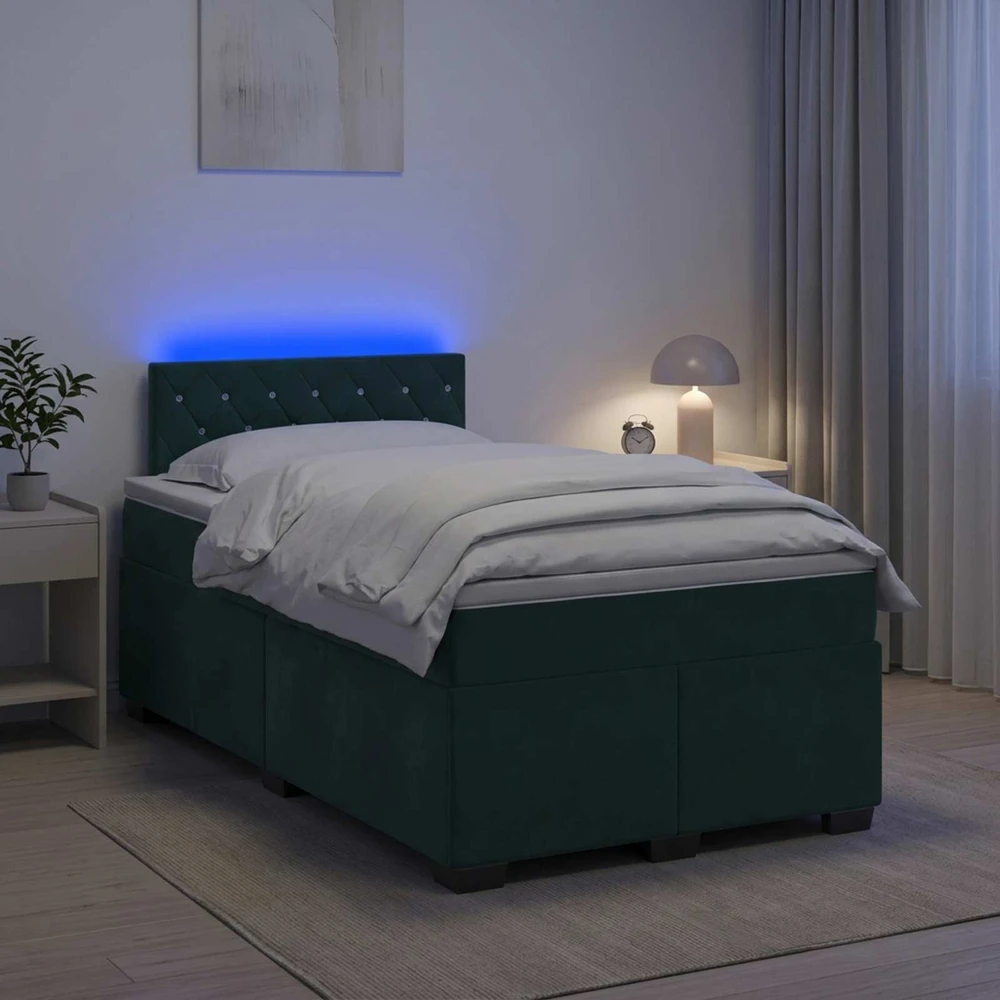 Lova su čiužiniu ir LED apšvietimu Tamsiai žalia 120 x 190 cm