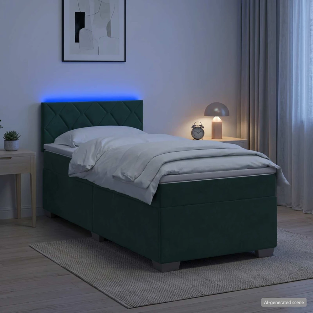 Lova su čiužiniu ir LED apšvietimu Tamsiai žalia 90 x 200 cm