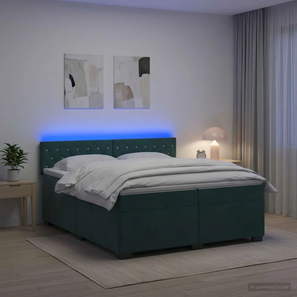 Lova su čiužiniu ir LED apšvietimu Tamsiai žalia 200 x 200 cm